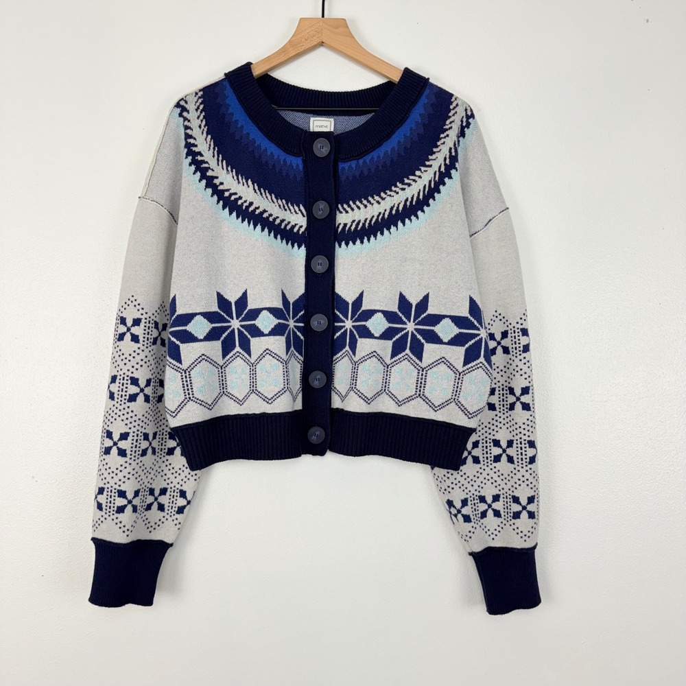 Anthropologie Maeve Bernadette Fair Isle Cardigan XL‎ Blue White Cropped Boho